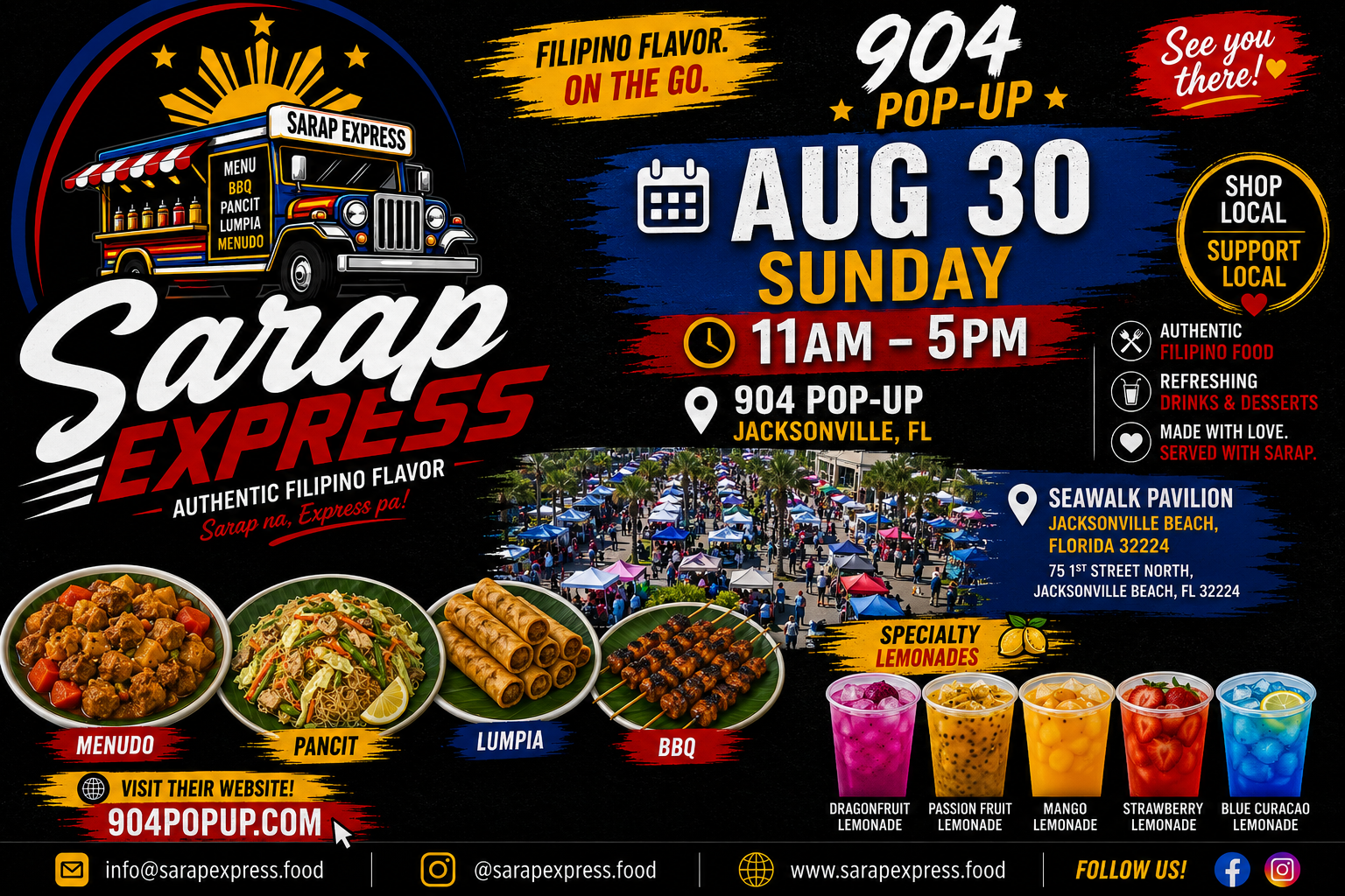 Sarap Express at 904 Pop-Up on Sunday, August 30 from 11 AM to 5 PM at SeaWalk Pavilion, Jacksonville Beach, Florida