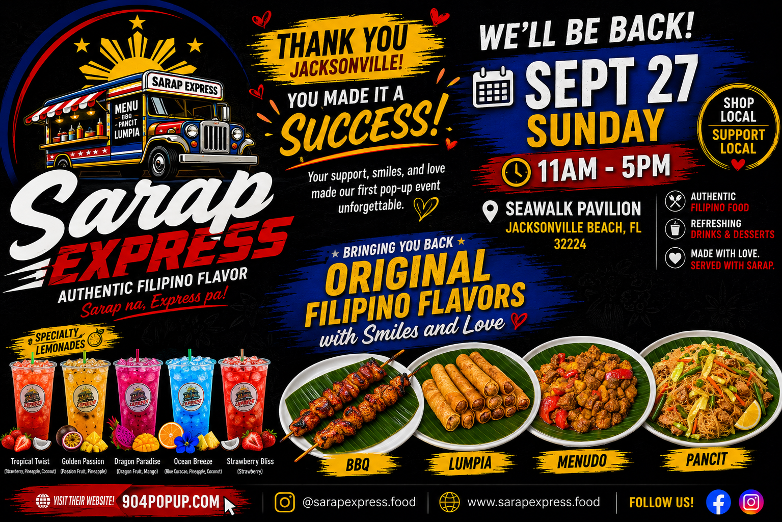 Sarap Express returns to 904 Pop-Up on Sunday, September 27 from 11 AM to 5 PM at SeaWalk Pavilion, Jacksonville Beach, Florida